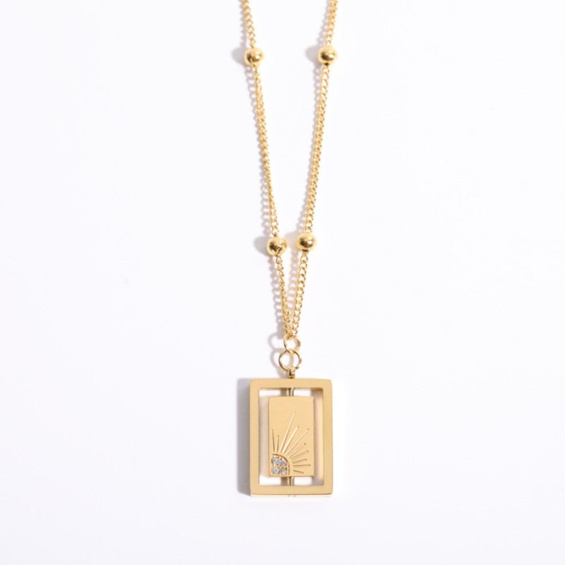 stainless steel square inlaid zircon star moon revolving necklace