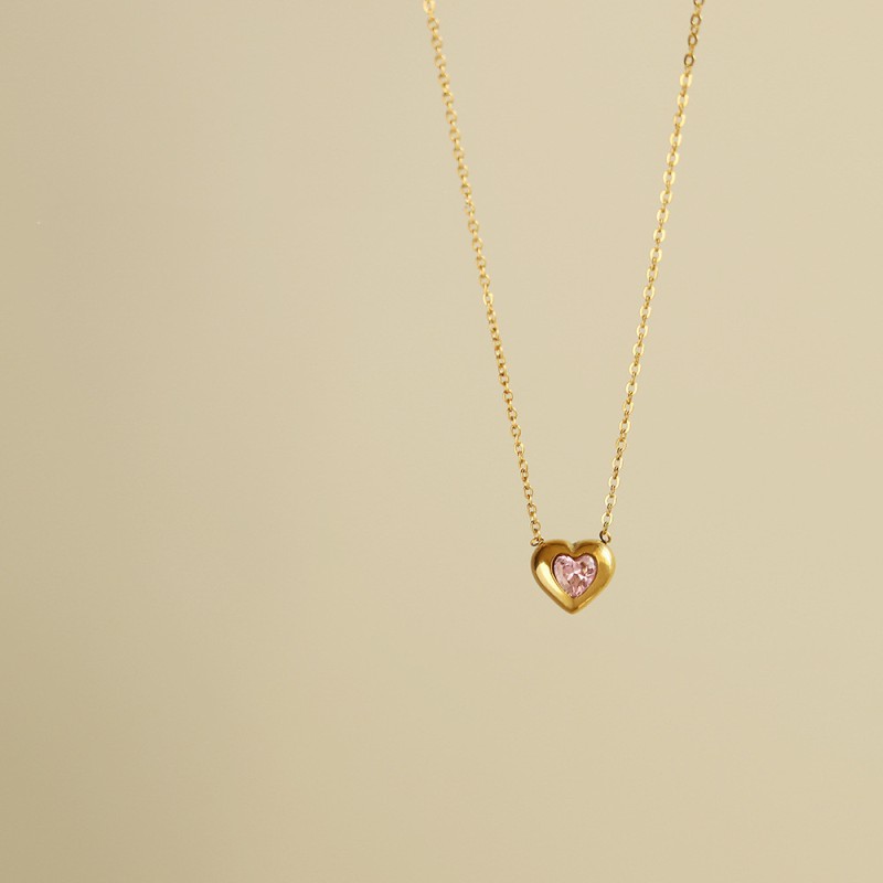 stainless steel 18k gold plating peach heart pink zircon necklace