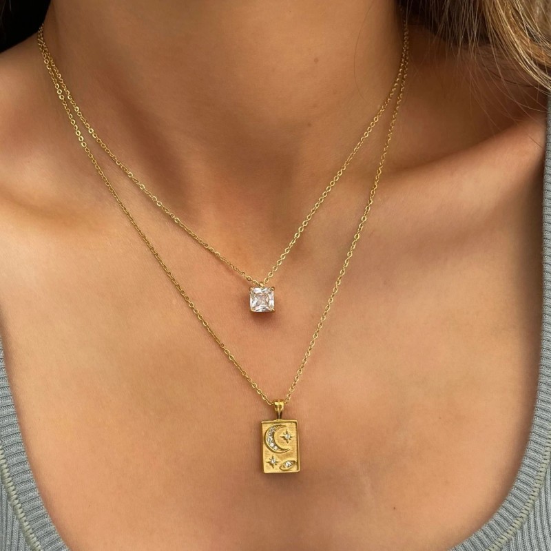 stainless steel square star moon eye lucky necklace