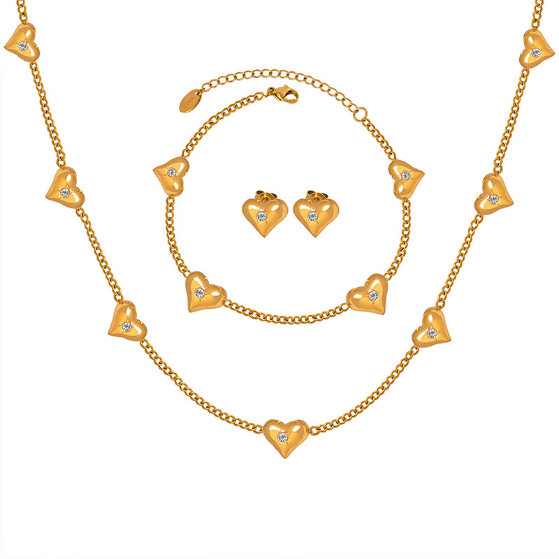stainless steel heart earrings bracelet necklace jewelry set 