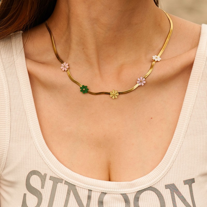 stainless steel snake chain flower necklace