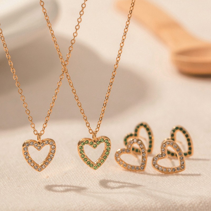 stainless steel heart zircon earrings necklace jewelry sets