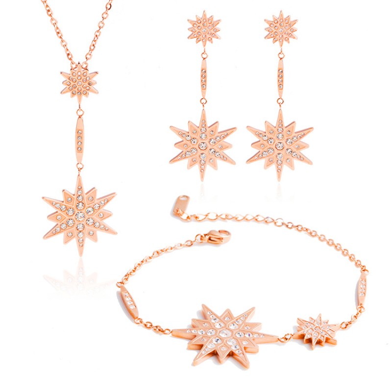 stainless steel eightawnstar zircon necklace earrings jewelry sets