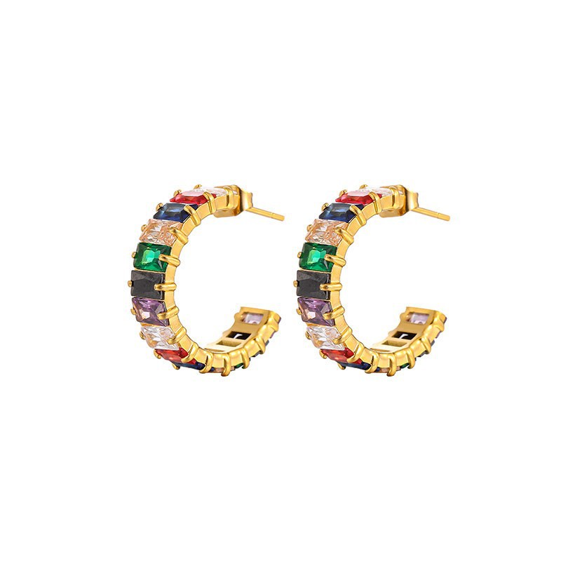 stainless steel C-shaped colored zircon earrings